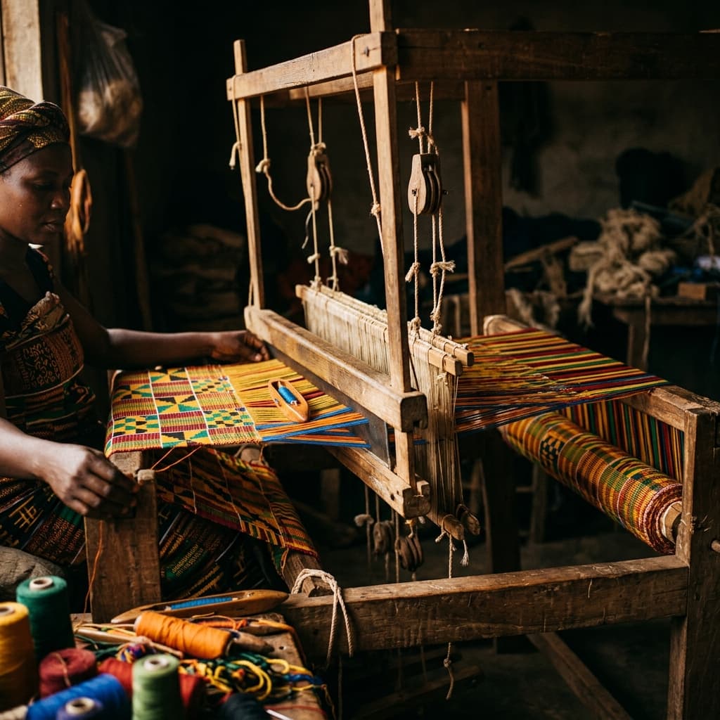 Traditional loom machine weaving African print